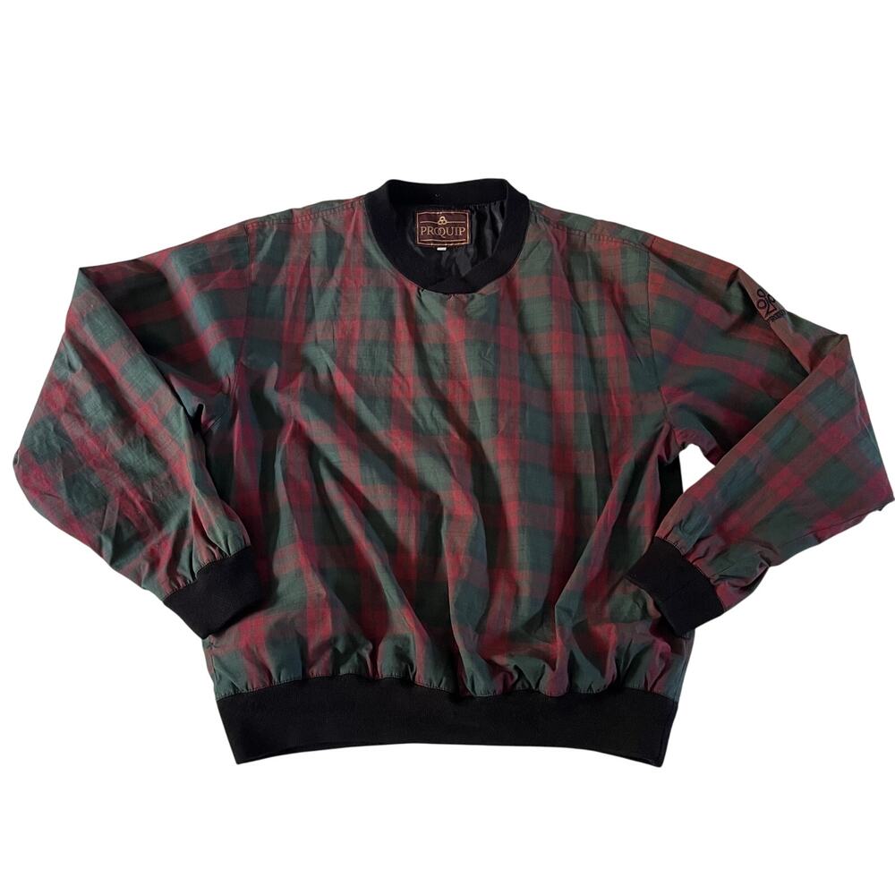Vtg Y2K Red Green Tartan Plaid Pullover Windbreaker Sweatshirt Sz L Preppy Golf